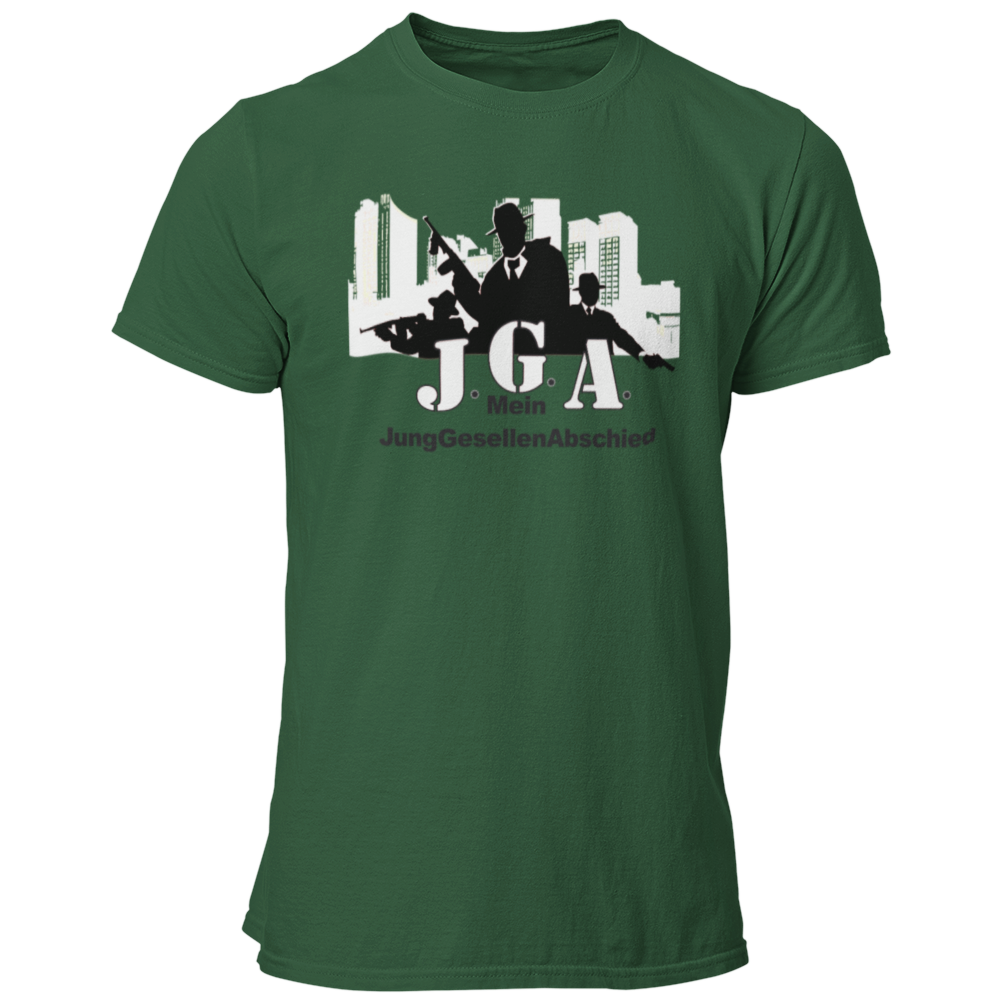 JGA-T-Shirt "Mafia Bräutigam" mit einem coolen Mafiosi-Motiv in einer Großstadt. Ideal für einen schaurig schönen Junggesellenabschied und perfekt kombinierbar mit Accessoires wie Hosenträgern und Hüten. Hergestellt aus 100 % Baumwolle und im geraden amerikanischen Schnitt.