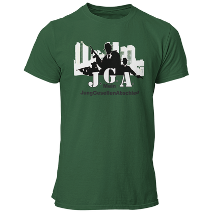 JGA-T-Shirt "Mafia Bräutigam" mit einem coolen Mafiosi-Motiv in einer Großstadt. Ideal für einen schaurig schönen Junggesellenabschied und perfekt kombinierbar mit Accessoires wie Hosenträgern und Hüten. Hergestellt aus 100 % Baumwolle und im geraden amerikanischen Schnitt.