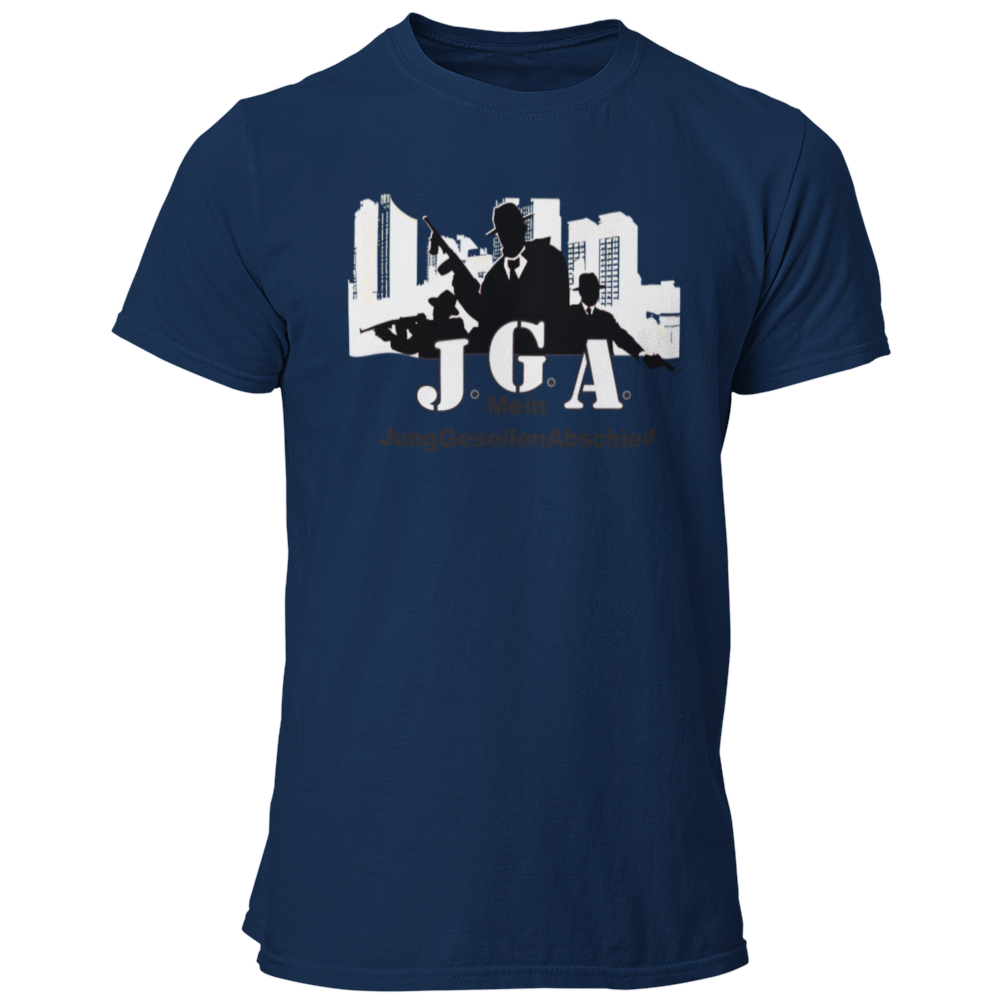 JGA-T-Shirt "Mafia Bräutigam" mit einem coolen Mafiosi-Motiv in einer Großstadt. Ideal für einen schaurig schönen Junggesellenabschied und perfekt kombinierbar mit Accessoires wie Hosenträgern und Hüten. Hergestellt aus 100 % Baumwolle und im geraden amerikanischen Schnitt.