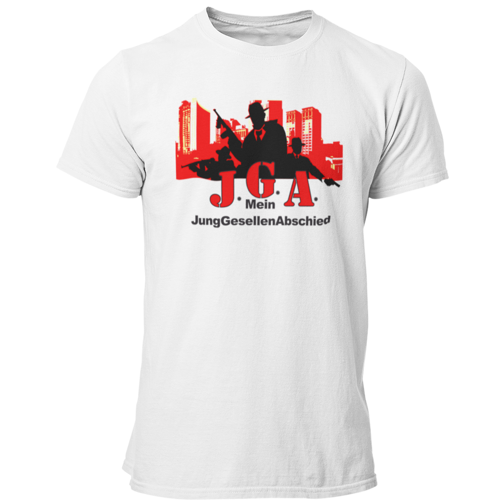 JGA-T-Shirt "Mafia Bräutigam" mit einem coolen Mafiosi-Motiv in einer Großstadt. Ideal für einen schaurig schönen Junggesellenabschied und perfekt kombinierbar mit Accessoires wie Hosenträgern und Hüten. Hergestellt aus 100 % Baumwolle und im geraden amerikanischen Schnitt.