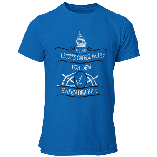 JGA T-Shirt mit dem maritimen Motiv „Hafen der Ehe“, das einen Anker und ein Steuerrad zeigt, um den letzten Abend in Freiheit humorvoll zu zelebrieren. Das Shirt ist in verschiedenen Farben erhältlich und ideal für den Bräutigam und seine Begleiter.