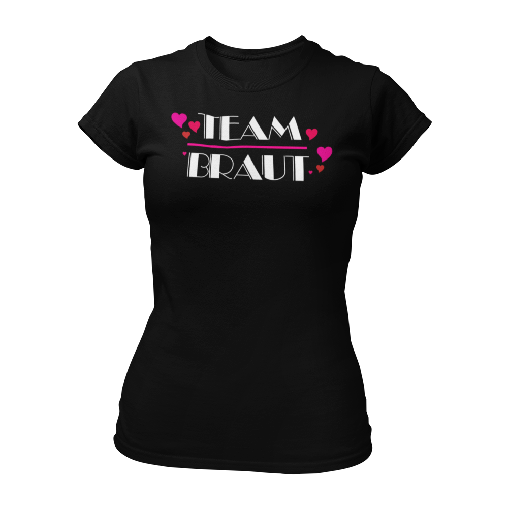 Damen T-Shirt "Team Braut Herzen" in pink und schwarz, das die Zugehörigkeit zum Team der Braut klar zeigt. Mit einem auffälligen, stilvollen Design, ist es perfekt für den Junggesellinnenabschied. Das Shirt kann mit passenden Shirts für die Braut oder auch mit Schärpen kombiniert werden.