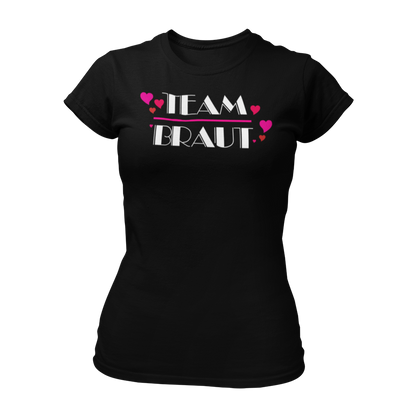 Damen T-Shirt "Team Braut Herzen" in pink und schwarz, das die Zugehörigkeit zum Team der Braut klar zeigt. Mit einem auffälligen, stilvollen Design, ist es perfekt für den Junggesellinnenabschied. Das Shirt kann mit passenden Shirts für die Braut oder auch mit Schärpen kombiniert werden.