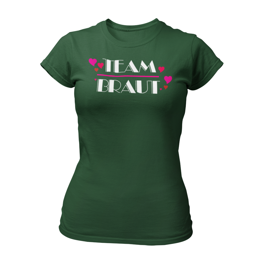 Damen T-Shirt "Team Braut Herzen" in pink und schwarz, das die Zugehörigkeit zum Team der Braut klar zeigt. Mit einem auffälligen, stilvollen Design, ist es perfekt für den Junggesellinnenabschied. Das Shirt kann mit passenden Shirts für die Braut oder auch mit Schärpen kombiniert werden.