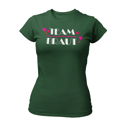 Damen T-Shirt "Team Braut Herzen" in pink und schwarz, das die Zugehörigkeit zum Team der Braut klar zeigt. Mit einem auffälligen, stilvollen Design, ist es perfekt für den Junggesellinnenabschied. Das Shirt kann mit passenden Shirts für die Braut oder auch mit Schärpen kombiniert werden.