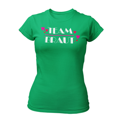 Damen T-Shirt "Team Braut Herzen" in pink und schwarz, das die Zugehörigkeit zum Team der Braut klar zeigt. Mit einem auffälligen, stilvollen Design, ist es perfekt für den Junggesellinnenabschied. Das Shirt kann mit passenden Shirts für die Braut oder auch mit Schärpen kombiniert werden.