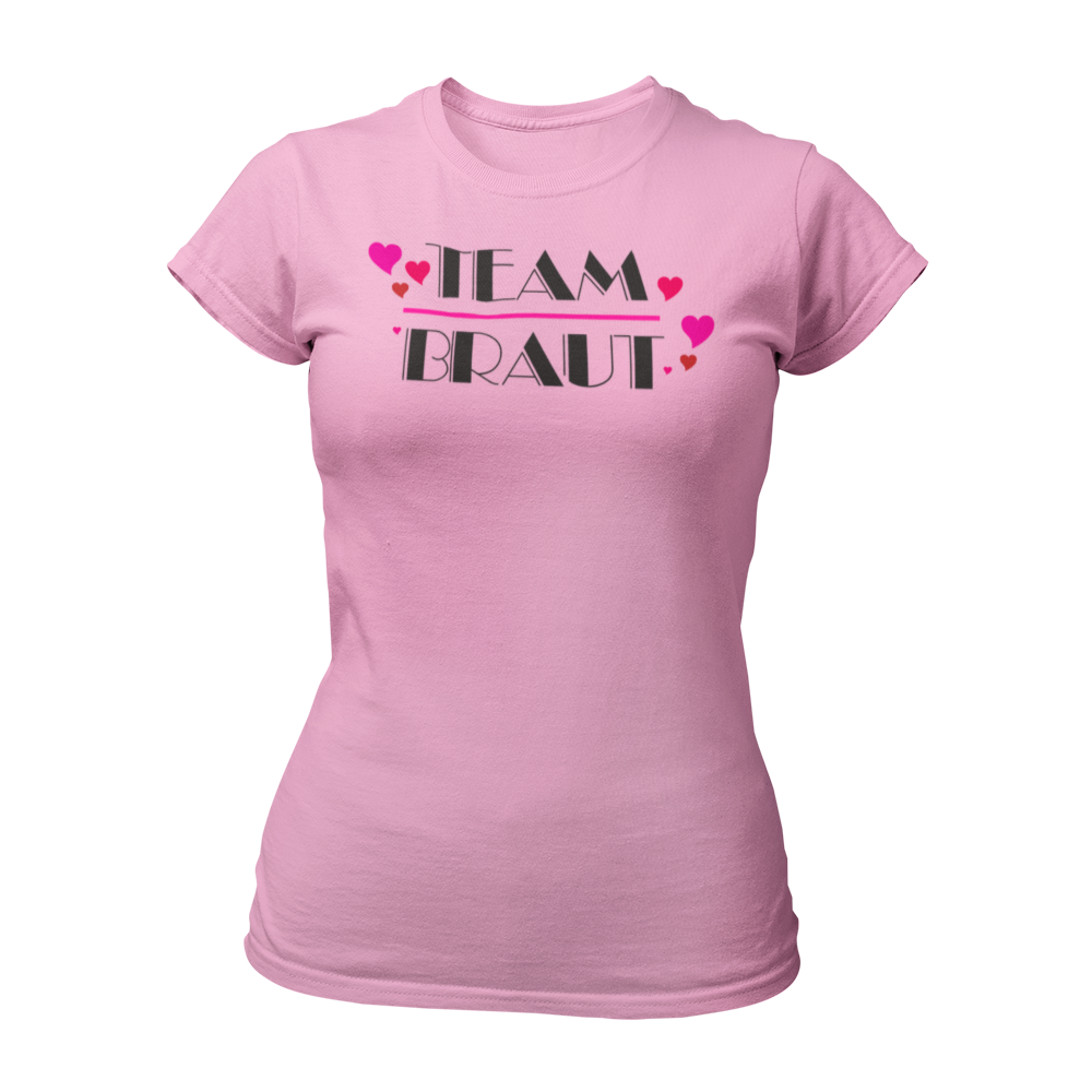 Damen T-Shirt "Team Braut Herzen" in pink und schwarz, das die Zugehörigkeit zum Team der Braut klar zeigt. Mit einem auffälligen, stilvollen Design, ist es perfekt für den Junggesellinnenabschied. Das Shirt kann mit passenden Shirts für die Braut oder auch mit Schärpen kombiniert werden.