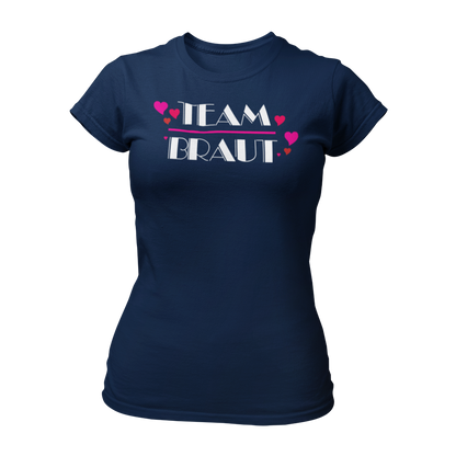 Damen T-Shirt "Team Braut Herzen" in pink und schwarz, das die Zugehörigkeit zum Team der Braut klar zeigt. Mit einem auffälligen, stilvollen Design, ist es perfekt für den Junggesellinnenabschied. Das Shirt kann mit passenden Shirts für die Braut oder auch mit Schärpen kombiniert werden.