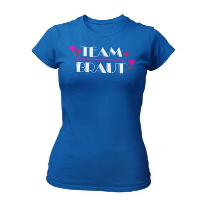 Damen T-Shirt "Team Braut Herzen" in pink und schwarz, das die Zugehörigkeit zum Team der Braut klar zeigt. Mit einem auffälligen, stilvollen Design, ist es perfekt für den Junggesellinnenabschied. Das Shirt kann mit passenden Shirts für die Braut oder auch mit Schärpen kombiniert werden.