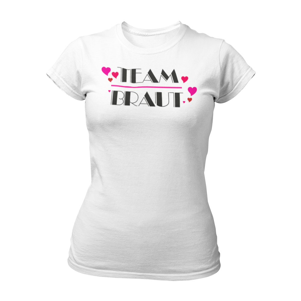 Damen T-Shirt "Team Braut Herzen" in pink und schwarz, das die Zugehörigkeit zum Team der Braut klar zeigt. Mit einem auffälligen, stilvollen Design, ist es perfekt für den Junggesellinnenabschied. Das Shirt kann mit passenden Shirts für die Braut oder auch mit Schärpen kombiniert werden.