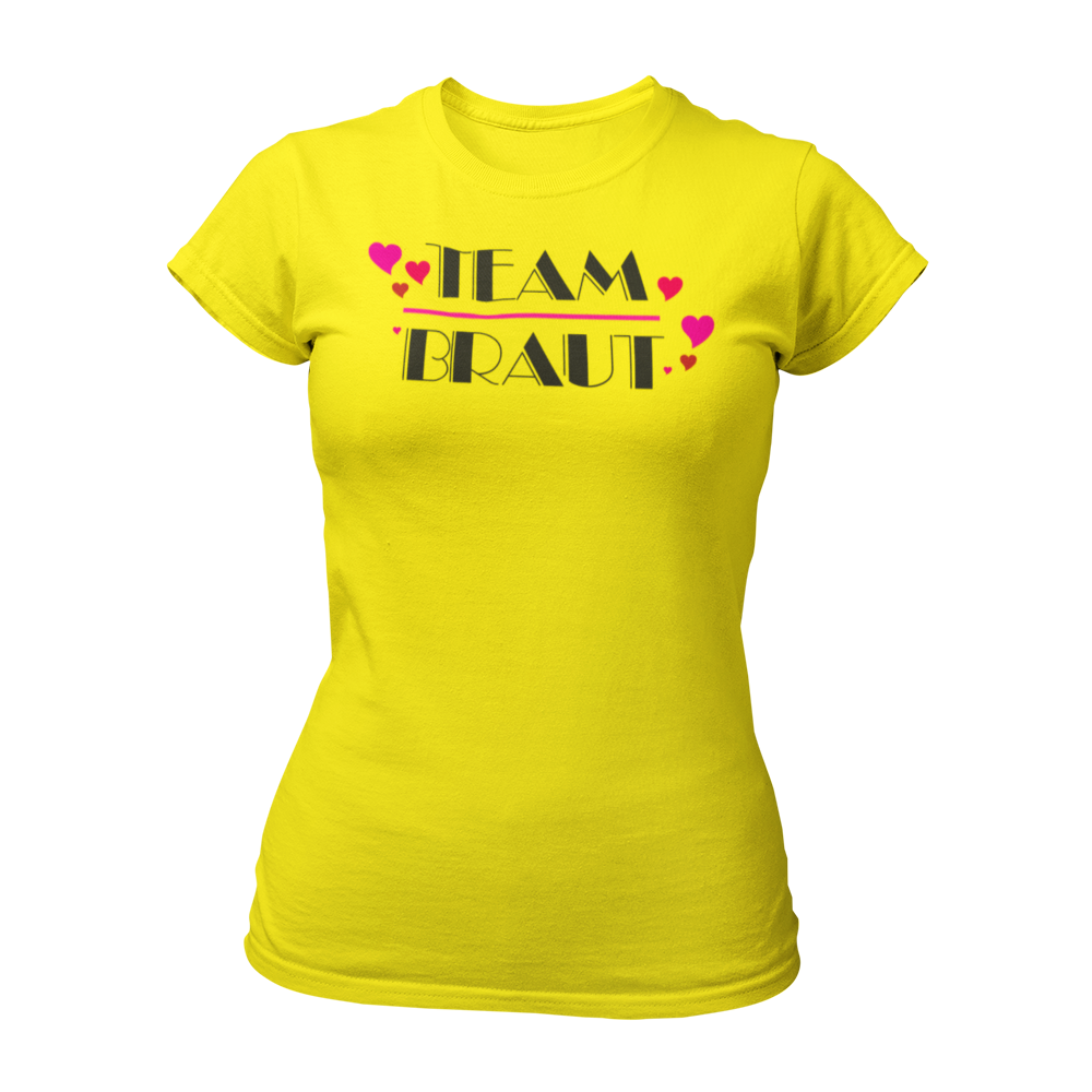 Damen T-Shirt "Team Braut Herzen" in pink und schwarz, das die Zugehörigkeit zum Team der Braut klar zeigt. Mit einem auffälligen, stilvollen Design, ist es perfekt für den Junggesellinnenabschied. Das Shirt kann mit passenden Shirts für die Braut oder auch mit Schärpen kombiniert werden.