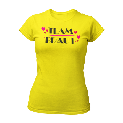 Damen T-Shirt "Team Braut Herzen" in pink und schwarz, das die Zugehörigkeit zum Team der Braut klar zeigt. Mit einem auffälligen, stilvollen Design, ist es perfekt für den Junggesellinnenabschied. Das Shirt kann mit passenden Shirts für die Braut oder auch mit Schärpen kombiniert werden.