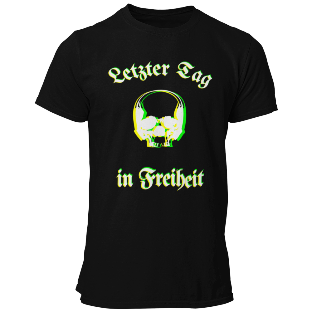 Das JGA T-Shirt "Letzter Tag…Skull" besticht durch ein cooles Design mit dem Schriftzug „Letzter Tag in Freiheit“, umrahmt von einem stilvollen Totenkopf. Die besondere Farbgebung sorgt für eine verschwommene Optik, die perfekt zum feuchtfröhlichen Anlass passt. Ideal für alle, die etwas Individuelleres suchen und ihren Junggesellenabschied gebührend feiern wollen!