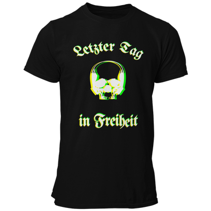 Das JGA T-Shirt "Letzter Tag…Skull" besticht durch ein cooles Design mit dem Schriftzug „Letzter Tag in Freiheit“, umrahmt von einem stilvollen Totenkopf. Die besondere Farbgebung sorgt für eine verschwommene Optik, die perfekt zum feuchtfröhlichen Anlass passt. Ideal für alle, die etwas Individuelleres suchen und ihren Junggesellenabschied gebührend feiern wollen!