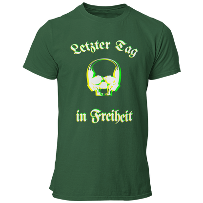 Das JGA T-Shirt "Letzter Tag…Skull" besticht durch ein cooles Design mit dem Schriftzug „Letzter Tag in Freiheit“, umrahmt von einem stilvollen Totenkopf. Die besondere Farbgebung sorgt für eine verschwommene Optik, die perfekt zum feuchtfröhlichen Anlass passt. Ideal für alle, die etwas Individuelleres suchen und ihren Junggesellenabschied gebührend feiern wollen!