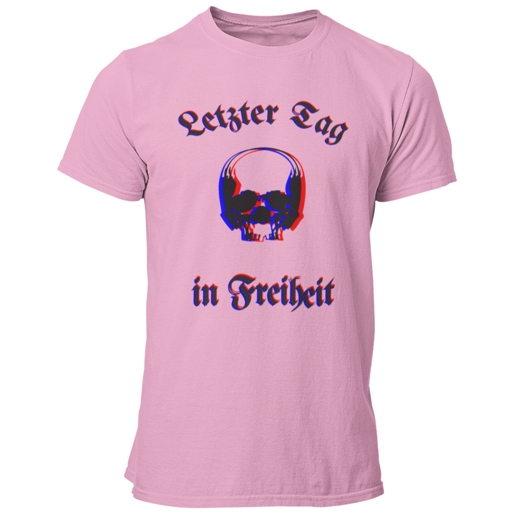 Das JGA T-Shirt "Letzter Tag…Skull" besticht durch ein cooles Design mit dem Schriftzug „Letzter Tag in Freiheit“, umrahmt von einem stilvollen Totenkopf. Die besondere Farbgebung sorgt für eine verschwommene Optik, die perfekt zum feuchtfröhlichen Anlass passt. Ideal für alle, die etwas Individuelleres suchen und ihren Junggesellenabschied gebührend feiern wollen!