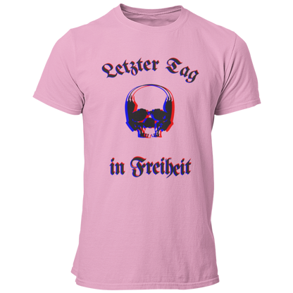 Das JGA T-Shirt "Letzter Tag…Skull" besticht durch ein cooles Design mit dem Schriftzug „Letzter Tag in Freiheit“, umrahmt von einem stilvollen Totenkopf. Die besondere Farbgebung sorgt für eine verschwommene Optik, die perfekt zum feuchtfröhlichen Anlass passt. Ideal für alle, die etwas Individuelleres suchen und ihren Junggesellenabschied gebührend feiern wollen!