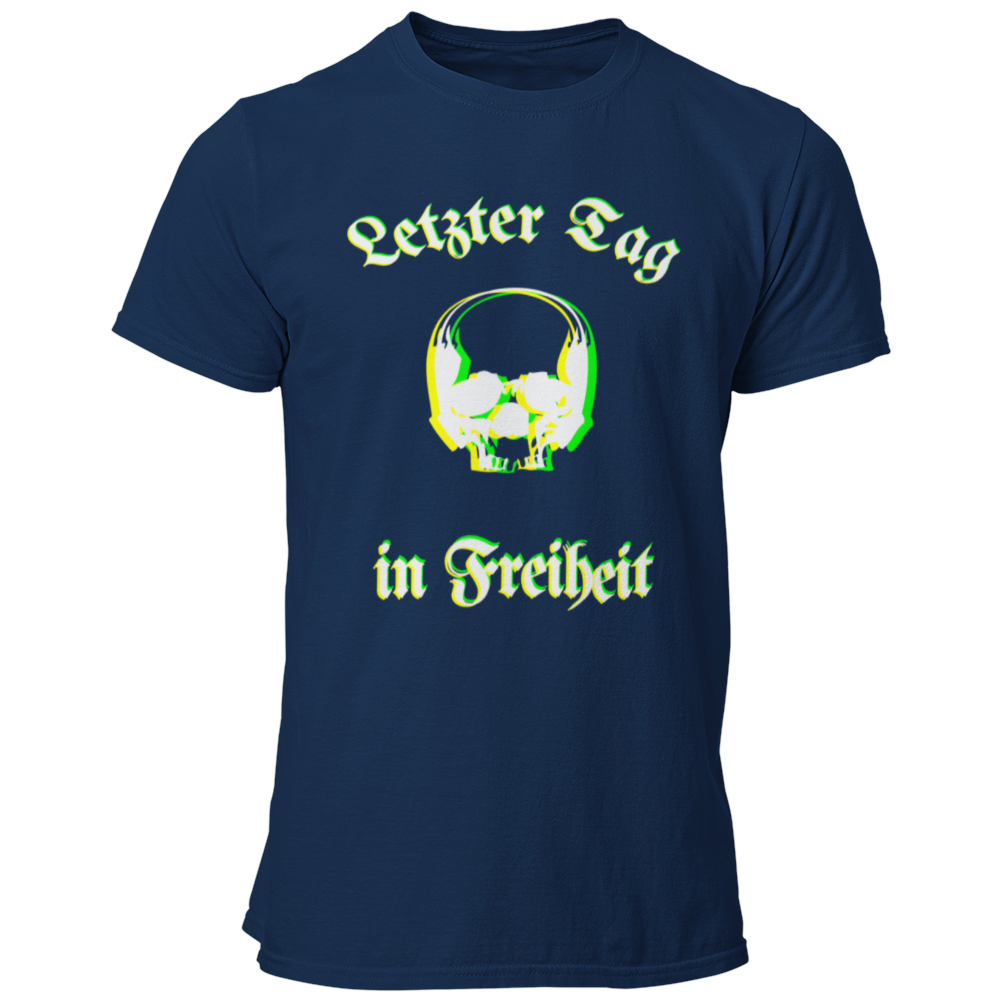 Das JGA T-Shirt "Letzter Tag…Skull" besticht durch ein cooles Design mit dem Schriftzug „Letzter Tag in Freiheit“, umrahmt von einem stilvollen Totenkopf. Die besondere Farbgebung sorgt für eine verschwommene Optik, die perfekt zum feuchtfröhlichen Anlass passt. Ideal für alle, die etwas Individuelleres suchen und ihren Junggesellenabschied gebührend feiern wollen!