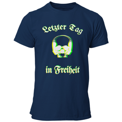 Das JGA T-Shirt "Letzter Tag…Skull" besticht durch ein cooles Design mit dem Schriftzug „Letzter Tag in Freiheit“, umrahmt von einem stilvollen Totenkopf. Die besondere Farbgebung sorgt für eine verschwommene Optik, die perfekt zum feuchtfröhlichen Anlass passt. Ideal für alle, die etwas Individuelleres suchen und ihren Junggesellenabschied gebührend feiern wollen!