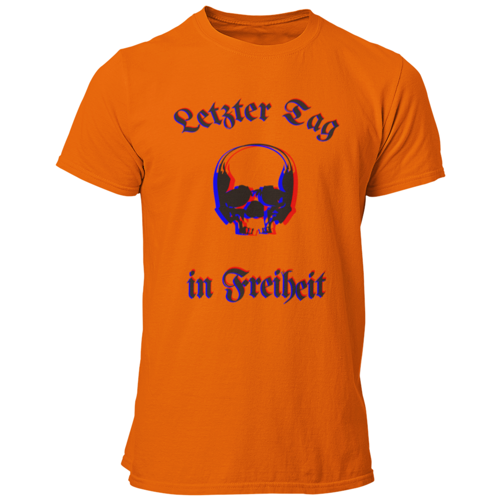 Das JGA T-Shirt "Letzter Tag…Skull" besticht durch ein cooles Design mit dem Schriftzug „Letzter Tag in Freiheit“, umrahmt von einem stilvollen Totenkopf. Die besondere Farbgebung sorgt für eine verschwommene Optik, die perfekt zum feuchtfröhlichen Anlass passt. Ideal für alle, die etwas Individuelleres suchen und ihren Junggesellenabschied gebührend feiern wollen!