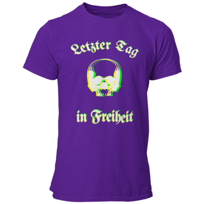 Das JGA T-Shirt "Letzter Tag…Skull" besticht durch ein cooles Design mit dem Schriftzug „Letzter Tag in Freiheit“, umrahmt von einem stilvollen Totenkopf. Die besondere Farbgebung sorgt für eine verschwommene Optik, die perfekt zum feuchtfröhlichen Anlass passt. Ideal für alle, die etwas Individuelleres suchen und ihren Junggesellenabschied gebührend feiern wollen!