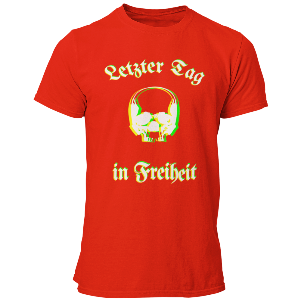 Das JGA T-Shirt "Letzter Tag…Skull" besticht durch ein cooles Design mit dem Schriftzug „Letzter Tag in Freiheit“, umrahmt von einem stilvollen Totenkopf. Die besondere Farbgebung sorgt für eine verschwommene Optik, die perfekt zum feuchtfröhlichen Anlass passt. Ideal für alle, die etwas Individuelleres suchen und ihren Junggesellenabschied gebührend feiern wollen!