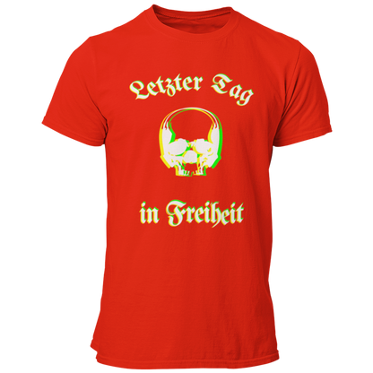 Das JGA T-Shirt "Letzter Tag…Skull" besticht durch ein cooles Design mit dem Schriftzug „Letzter Tag in Freiheit“, umrahmt von einem stilvollen Totenkopf. Die besondere Farbgebung sorgt für eine verschwommene Optik, die perfekt zum feuchtfröhlichen Anlass passt. Ideal für alle, die etwas Individuelleres suchen und ihren Junggesellenabschied gebührend feiern wollen!