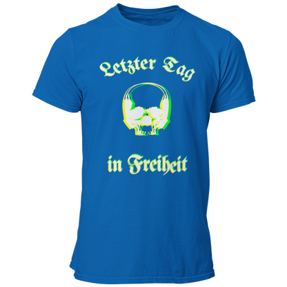 Das JGA T-Shirt "Letzter Tag…Skull" besticht durch ein cooles Design mit dem Schriftzug „Letzter Tag in Freiheit“, umrahmt von einem stilvollen Totenkopf. Die besondere Farbgebung sorgt für eine verschwommene Optik, die perfekt zum feuchtfröhlichen Anlass passt. Ideal für alle, die etwas Individuelleres suchen und ihren Junggesellenabschied gebührend feiern wollen!