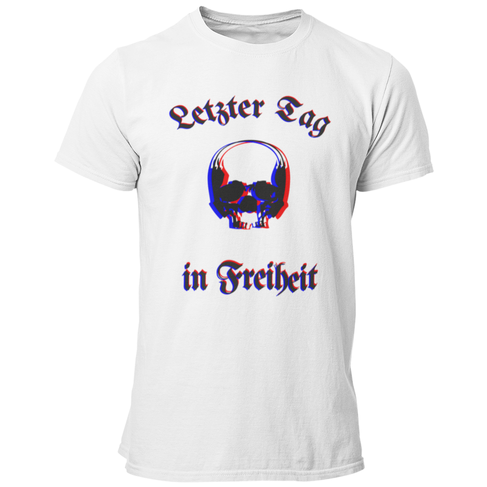 Das JGA T-Shirt "Letzter Tag…Skull" besticht durch ein cooles Design mit dem Schriftzug „Letzter Tag in Freiheit“, umrahmt von einem stilvollen Totenkopf. Die besondere Farbgebung sorgt für eine verschwommene Optik, die perfekt zum feuchtfröhlichen Anlass passt. Ideal für alle, die etwas Individuelleres suchen und ihren Junggesellenabschied gebührend feiern wollen!