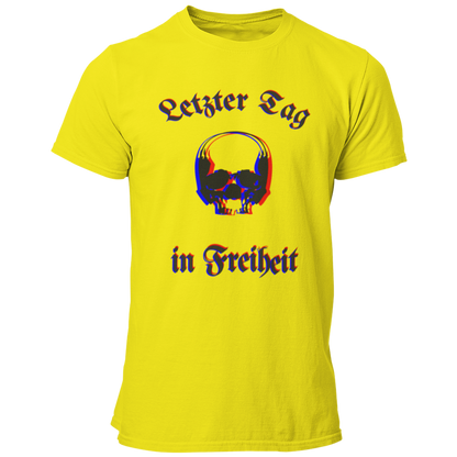 Das JGA T-Shirt "Letzter Tag…Skull" besticht durch ein cooles Design mit dem Schriftzug „Letzter Tag in Freiheit“, umrahmt von einem stilvollen Totenkopf. Die besondere Farbgebung sorgt für eine verschwommene Optik, die perfekt zum feuchtfröhlichen Anlass passt. Ideal für alle, die etwas Individuelleres suchen und ihren Junggesellenabschied gebührend feiern wollen!