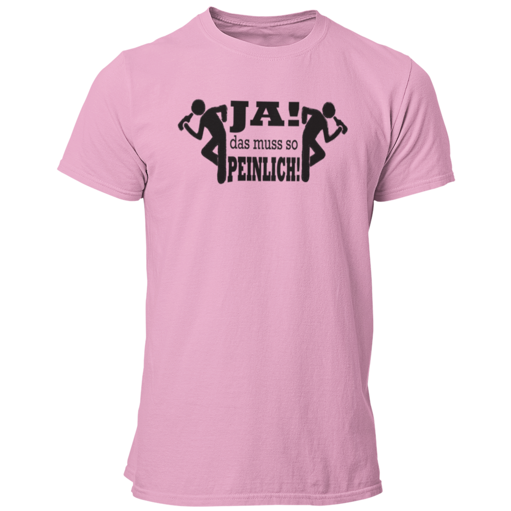 Das JGA T-Shirt "JA das muss so PEINLICH" ist das perfekte Outfit für einen unvergesslichen Junggesellenabschied! Mit seinem knalligen Motiv und dem witzigen Schriftzug in Pink und Schwarz zeigt es, dass an diesem Tag alles erlaubt ist, auch die peinlichsten Situationen.