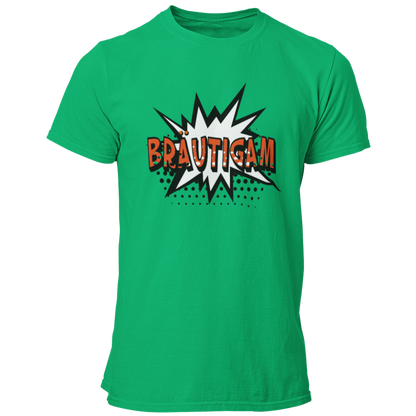 Das JGA T-Shirt „Bräutigam Held“ hebt euren Bräutigam als den Star des Abends hervor. Mit einem knalligen Comic-Stil und einem auffälligen „Bräutigam“-Schriftzug auf einem leuchtenden Stern ist dieses Shirt ein echter Blickfang. Perfekt für eine unvergessliche Nacht mit der Crew, während ihr die Stadt unsicher macht!