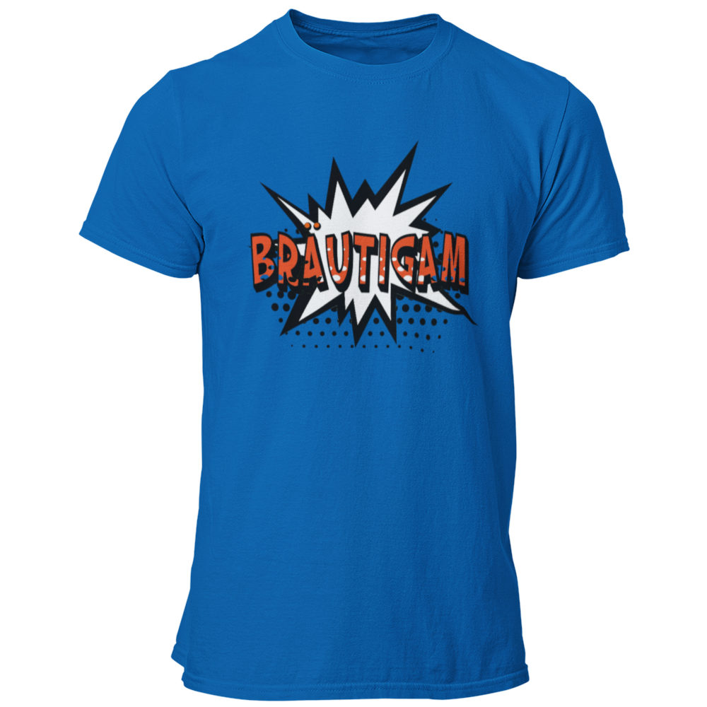 Das JGA T-Shirt „Bräutigam Held“ hebt euren Bräutigam als den Star des Abends hervor. Mit einem knalligen Comic-Stil und einem auffälligen „Bräutigam“-Schriftzug auf einem leuchtenden Stern ist dieses Shirt ein echter Blickfang. Perfekt für eine unvergessliche Nacht mit der Crew, während ihr die Stadt unsicher macht!