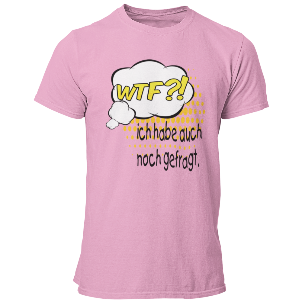 JGA-T-Shirt "WTF?! Ich habe…", ideal für den Junggesellenabschied. Das Shirt im Comic-Design mit buntem Spruch zeigt humorvoll die Vorfreude des Bräutigams auf die bevorstehende Hochzeit. Perfekt für eine ausgelassene Feier mit der Crew.