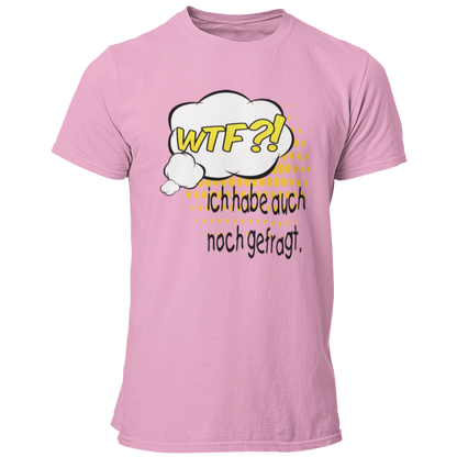 JGA-T-Shirt "WTF?! Ich habe…", ideal für den Junggesellenabschied. Das Shirt im Comic-Design mit buntem Spruch zeigt humorvoll die Vorfreude des Bräutigams auf die bevorstehende Hochzeit. Perfekt für eine ausgelassene Feier mit der Crew.