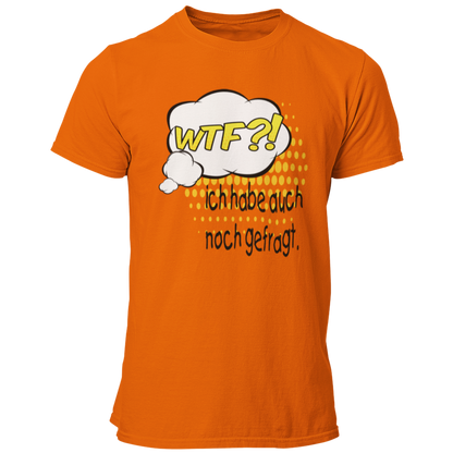 JGA-T-Shirt "WTF?! Ich habe…", ideal für den Junggesellenabschied. Das Shirt im Comic-Design mit buntem Spruch zeigt humorvoll die Vorfreude des Bräutigams auf die bevorstehende Hochzeit. Perfekt für eine ausgelassene Feier mit der Crew.