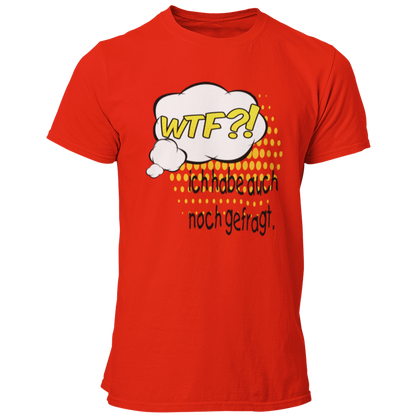 JGA-T-Shirt "WTF?! Ich habe…", ideal für den Junggesellenabschied. Das Shirt im Comic-Design mit buntem Spruch zeigt humorvoll die Vorfreude des Bräutigams auf die bevorstehende Hochzeit. Perfekt für eine ausgelassene Feier mit der Crew.