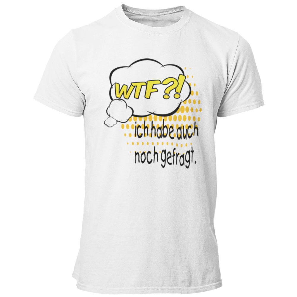 JGA-T-Shirt "WTF?! Ich habe…", ideal für den Junggesellenabschied. Das Shirt im Comic-Design mit buntem Spruch zeigt humorvoll die Vorfreude des Bräutigams auf die bevorstehende Hochzeit. Perfekt für eine ausgelassene Feier mit der Crew.