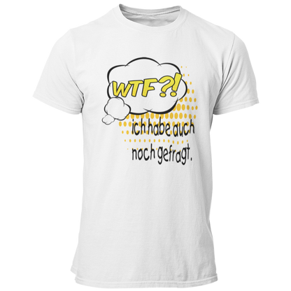 JGA-T-Shirt "WTF?! Ich habe…", ideal für den Junggesellenabschied. Das Shirt im Comic-Design mit buntem Spruch zeigt humorvoll die Vorfreude des Bräutigams auf die bevorstehende Hochzeit. Perfekt für eine ausgelassene Feier mit der Crew.