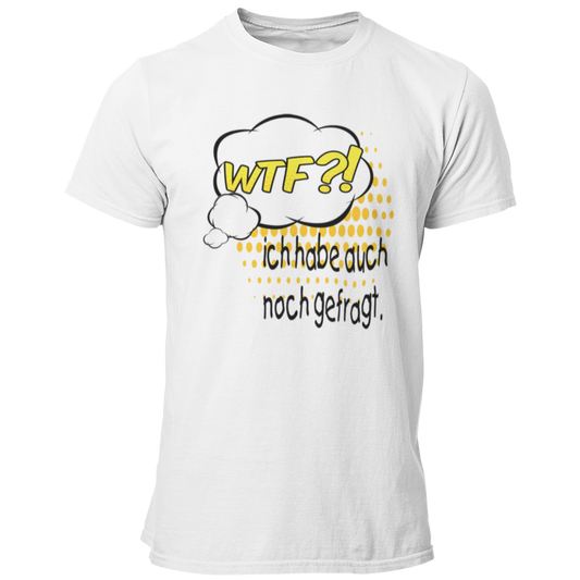 JGA-T-Shirt "WTF?! Ich habe…", ideal für den Junggesellenabschied. Das Shirt im Comic-Design mit buntem Spruch zeigt humorvoll die Vorfreude des Bräutigams auf die bevorstehende Hochzeit. Perfekt für eine ausgelassene Feier mit der Crew.