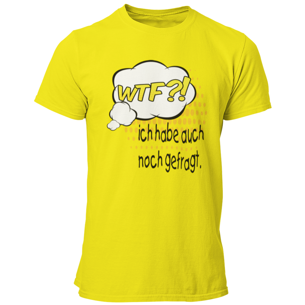 JGA-T-Shirt "WTF?! Ich habe…", ideal für den Junggesellenabschied. Das Shirt im Comic-Design mit buntem Spruch zeigt humorvoll die Vorfreude des Bräutigams auf die bevorstehende Hochzeit. Perfekt für eine ausgelassene Feier mit der Crew.