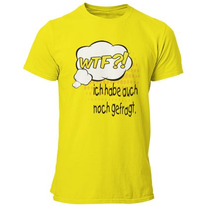 JGA-T-Shirt "WTF?! Ich habe…", ideal für den Junggesellenabschied. Das Shirt im Comic-Design mit buntem Spruch zeigt humorvoll die Vorfreude des Bräutigams auf die bevorstehende Hochzeit. Perfekt für eine ausgelassene Feier mit der Crew.