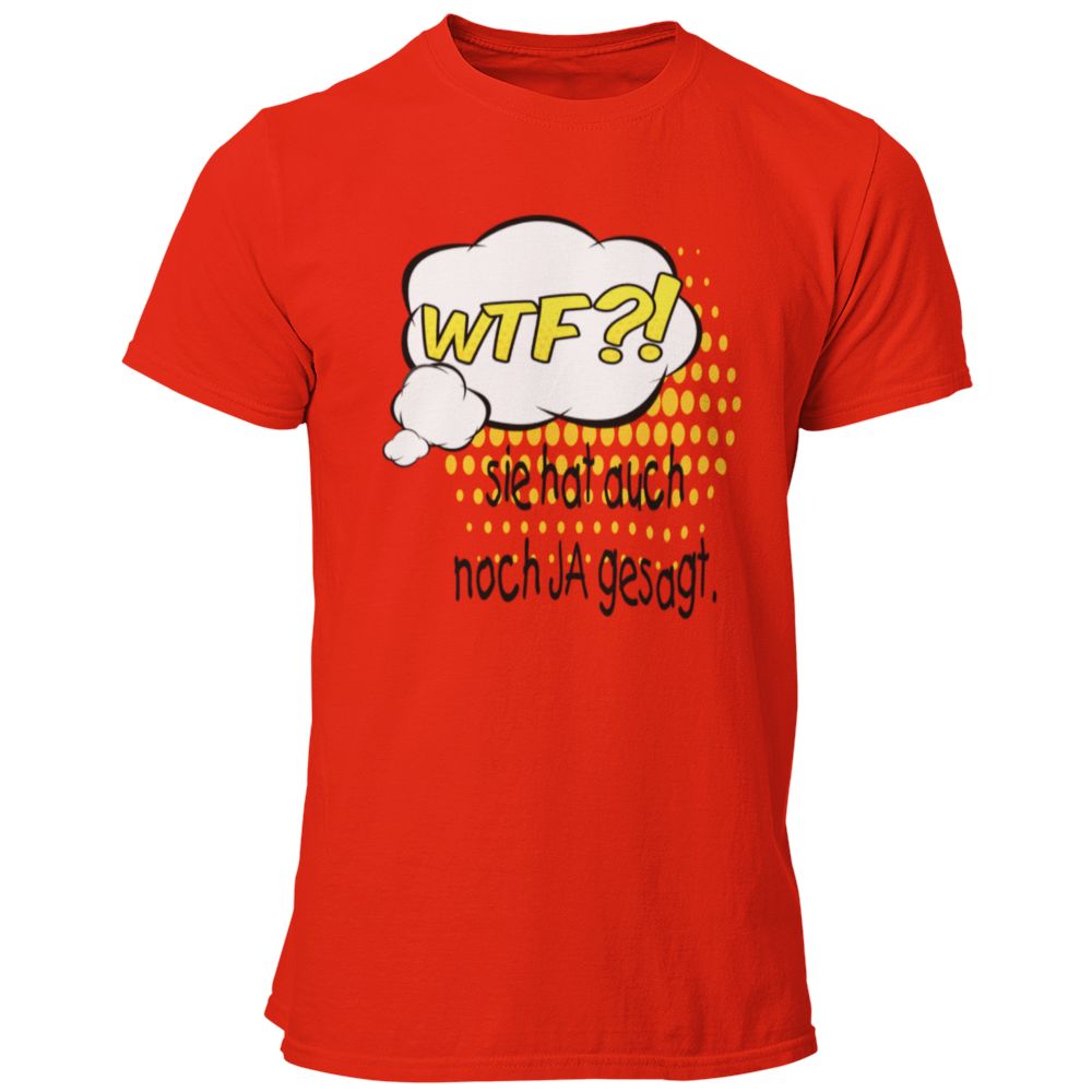 Das JGA T-Shirt "WTF?! Sie hat …" sorgt für Lacher beim Junggesellenabschied! Mit dem humorvollen Spruch „WTF?! Sie hat auch noch ja gesagt!“ zeigt ihr die Überraschung über die bevorstehende Hochzeit. Das moderne Comic-Design und der bequeme Schnitt machen es zum perfekten Shirt für eine unvergessliche Feier!