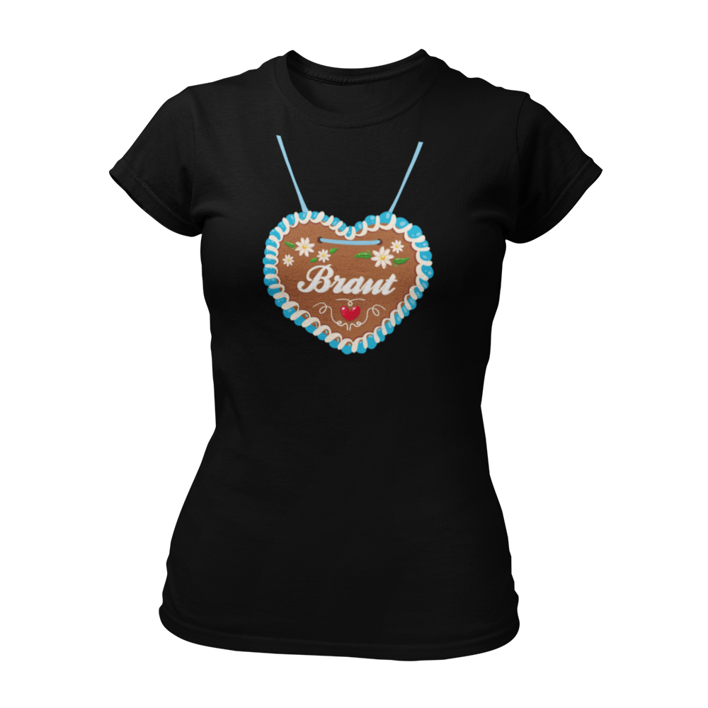 JGA T-Shirt "Lebkuchenherz (Braut)" für Damen, das durch ein auffälliges Design mit einem großen Lebkuchenherz-Aufdruck zum Blickfang auf Junggesellinnenabschieden wird. Das Shirt zeigt in verschnörkelten Buchstaben den Schriftzug "Braut" auf dem Herz. Erhältlich in verschiedenen Farben, bietet es eine taillierte Passform mit kurzen, anliegenden Ärmeln für angenehmen Tragekomfort. Perfekt für die gesamte Mädelsclique, die das "Lebkuchenherz Crew" Shirt trägt. Das Shirt lässt sich ideal mit verschiedenen Acc