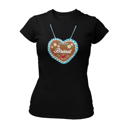 JGA T-Shirt "Lebkuchenherz (Braut)" für Damen, das durch ein auffälliges Design mit einem großen Lebkuchenherz-Aufdruck zum Blickfang auf Junggesellinnenabschieden wird. Das Shirt zeigt in verschnörkelten Buchstaben den Schriftzug "Braut" auf dem Herz. Erhältlich in verschiedenen Farben, bietet es eine taillierte Passform mit kurzen, anliegenden Ärmeln für angenehmen Tragekomfort. Perfekt für die gesamte Mädelsclique, die das "Lebkuchenherz Crew" Shirt trägt. Das Shirt lässt sich ideal mit verschiedenen Acc