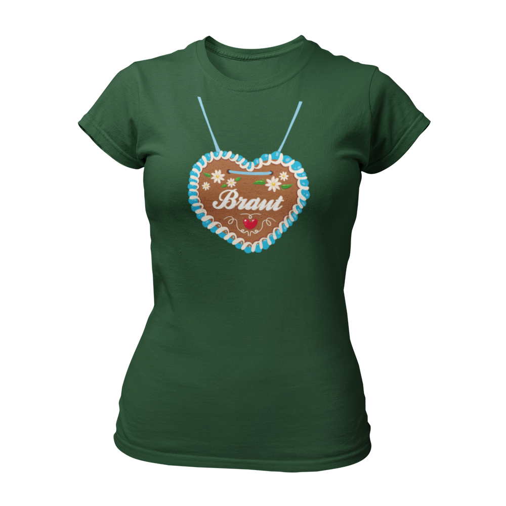 JGA T-Shirt "Lebkuchenherz (Braut)" für Damen, das durch ein auffälliges Design mit einem großen Lebkuchenherz-Aufdruck zum Blickfang auf Junggesellinnenabschieden wird. Das Shirt zeigt in verschnörkelten Buchstaben den Schriftzug "Braut" auf dem Herz. Erhältlich in verschiedenen Farben, bietet es eine taillierte Passform mit kurzen, anliegenden Ärmeln für angenehmen Tragekomfort. Perfekt für die gesamte Mädelsclique, die das "Lebkuchenherz Crew" Shirt trägt. Das Shirt lässt sich ideal mit verschiedenen Acc