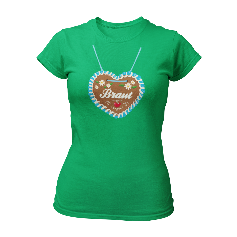 JGA T-Shirt "Lebkuchenherz (Braut)" für Damen, das durch ein auffälliges Design mit einem großen Lebkuchenherz-Aufdruck zum Blickfang auf Junggesellinnenabschieden wird. Das Shirt zeigt in verschnörkelten Buchstaben den Schriftzug "Braut" auf dem Herz. Erhältlich in verschiedenen Farben, bietet es eine taillierte Passform mit kurzen, anliegenden Ärmeln für angenehmen Tragekomfort. Perfekt für die gesamte Mädelsclique, die das "Lebkuchenherz Crew" Shirt trägt. Das Shirt lässt sich ideal mit verschiedenen Acc