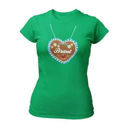 JGA T-Shirt "Lebkuchenherz (Braut)" für Damen, das durch ein auffälliges Design mit einem großen Lebkuchenherz-Aufdruck zum Blickfang auf Junggesellinnenabschieden wird. Das Shirt zeigt in verschnörkelten Buchstaben den Schriftzug "Braut" auf dem Herz. Erhältlich in verschiedenen Farben, bietet es eine taillierte Passform mit kurzen, anliegenden Ärmeln für angenehmen Tragekomfort. Perfekt für die gesamte Mädelsclique, die das "Lebkuchenherz Crew" Shirt trägt. Das Shirt lässt sich ideal mit verschiedenen Acc