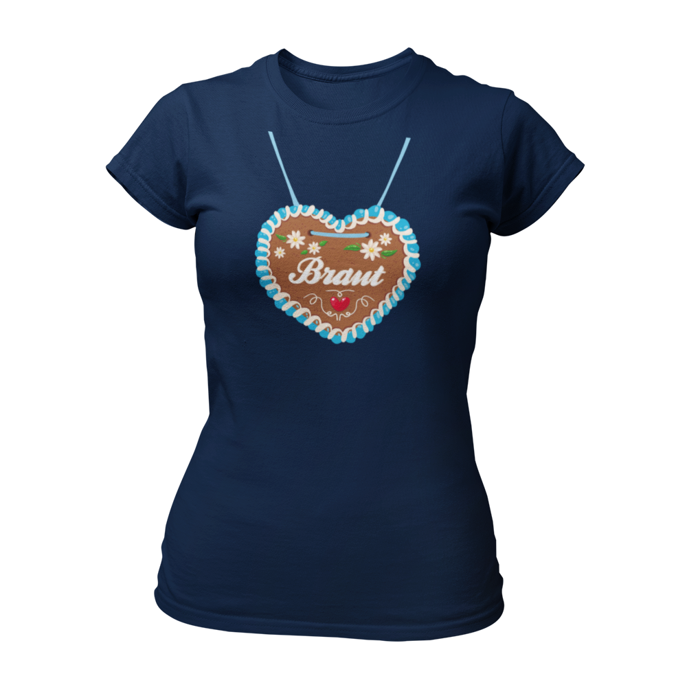 JGA T-Shirt "Lebkuchenherz (Braut)" für Damen, das durch ein auffälliges Design mit einem großen Lebkuchenherz-Aufdruck zum Blickfang auf Junggesellinnenabschieden wird. Das Shirt zeigt in verschnörkelten Buchstaben den Schriftzug "Braut" auf dem Herz. Erhältlich in verschiedenen Farben, bietet es eine taillierte Passform mit kurzen, anliegenden Ärmeln für angenehmen Tragekomfort. Perfekt für die gesamte Mädelsclique, die das "Lebkuchenherz Crew" Shirt trägt. Das Shirt lässt sich ideal mit verschiedenen Acc