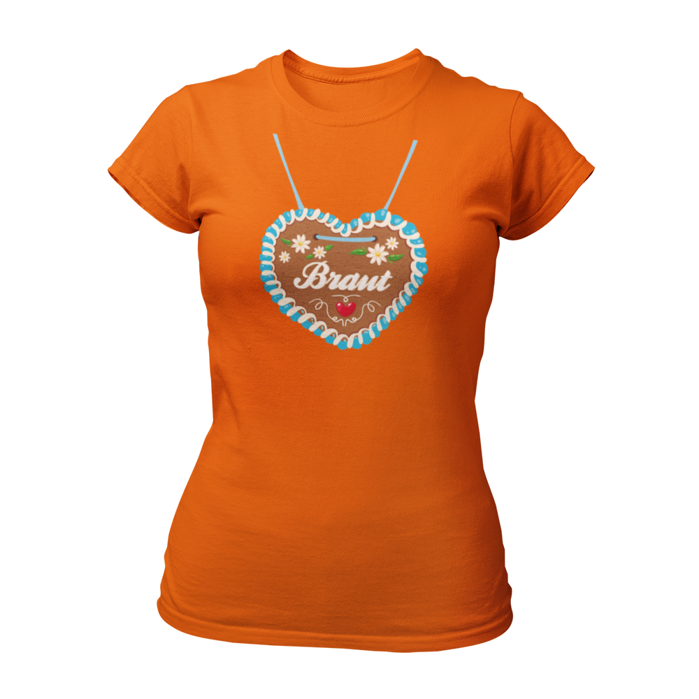 JGA T-Shirt "Lebkuchenherz (Braut)" für Damen, das durch ein auffälliges Design mit einem großen Lebkuchenherz-Aufdruck zum Blickfang auf Junggesellinnenabschieden wird. Das Shirt zeigt in verschnörkelten Buchstaben den Schriftzug "Braut" auf dem Herz. Erhältlich in verschiedenen Farben, bietet es eine taillierte Passform mit kurzen, anliegenden Ärmeln für angenehmen Tragekomfort. Perfekt für die gesamte Mädelsclique, die das "Lebkuchenherz Crew" Shirt trägt. Das Shirt lässt sich ideal mit verschiedenen Acc